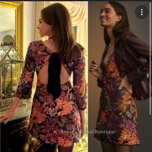 Anthropologie Sequenced Embroidered Mini Dress Bohemian Floral Party Size 4